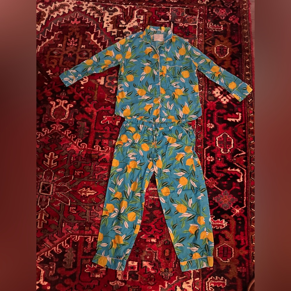 Print Fresh Printfresh Blue Lemon Zest  Lounge Set Pants & Long Sleeve Top SZ M